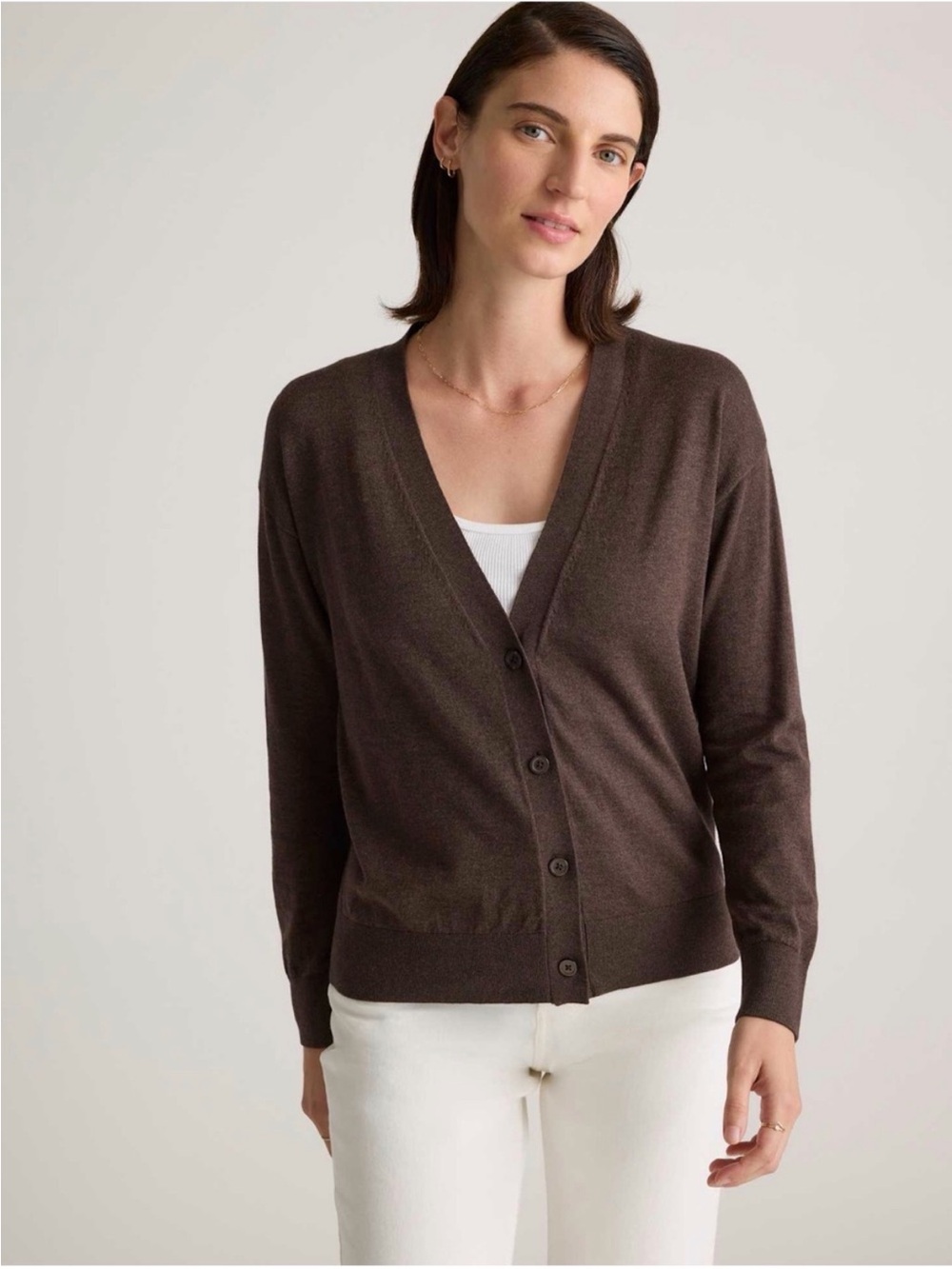 Quince Lightweight Cotton Cashmere Cardigan Sweater Mocha Heather size Large NWT